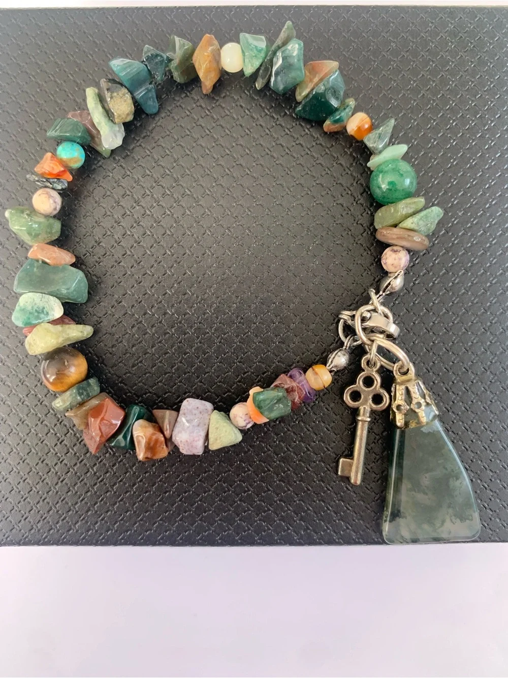 Multicolor Beaded Gemstone Charm Bracelet with Moss Agate Pendant
